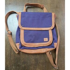 The Sak Convertible Backpack Bag Navy Canvas Brown Leather Purse Hobo